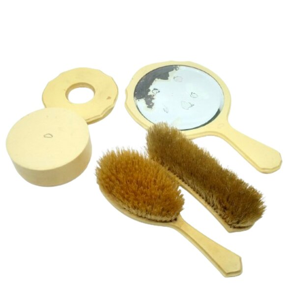 ANTIQUE FRENCH IVORY CELLULOID VANITY BOX, 2 BRUSHES, & MIRROR LOT OF 4 - Picture 3 of 4